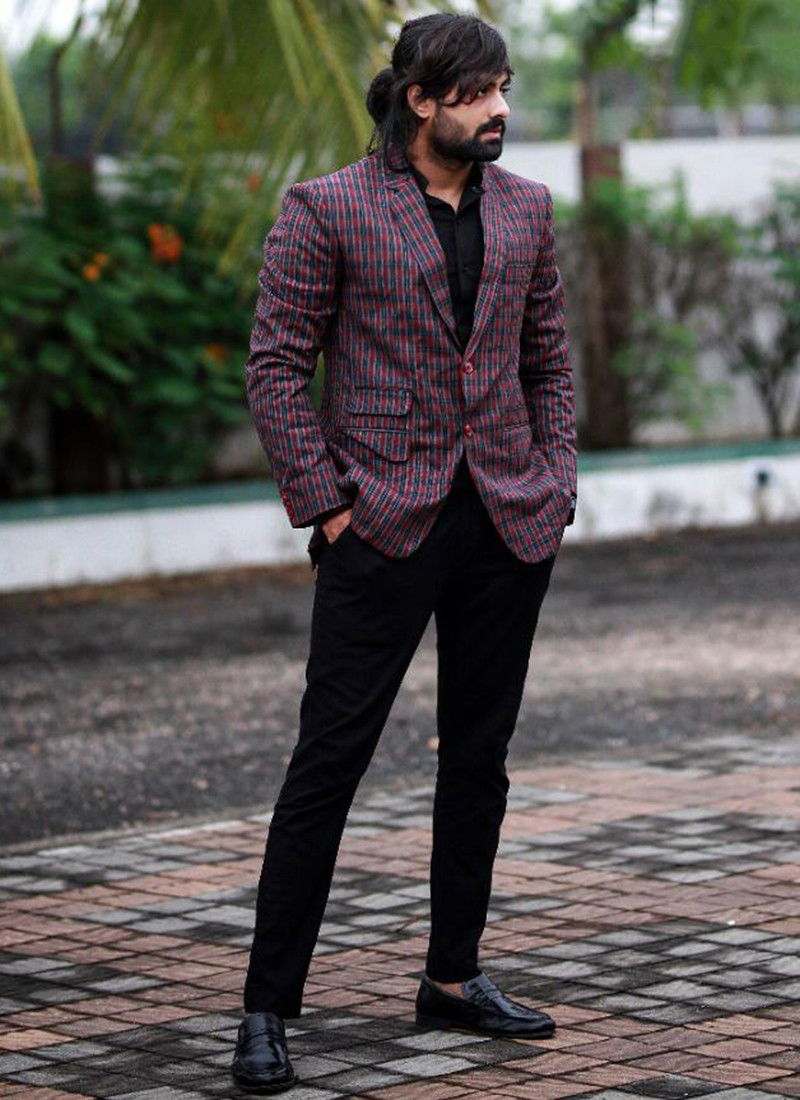 Blue And Red Cheks vjv blazer Fancy Designer Stylish Party Festive Wear Suiting Polyster And Viscose Heacy Blazer Collection 2105